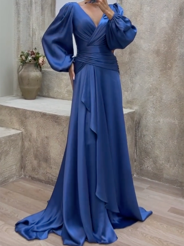 FurDecoration - Wholesale Gown - Women's - Look-Thin Pleated Solid Color V-Cut Long Sleeves Maxi Dresses9