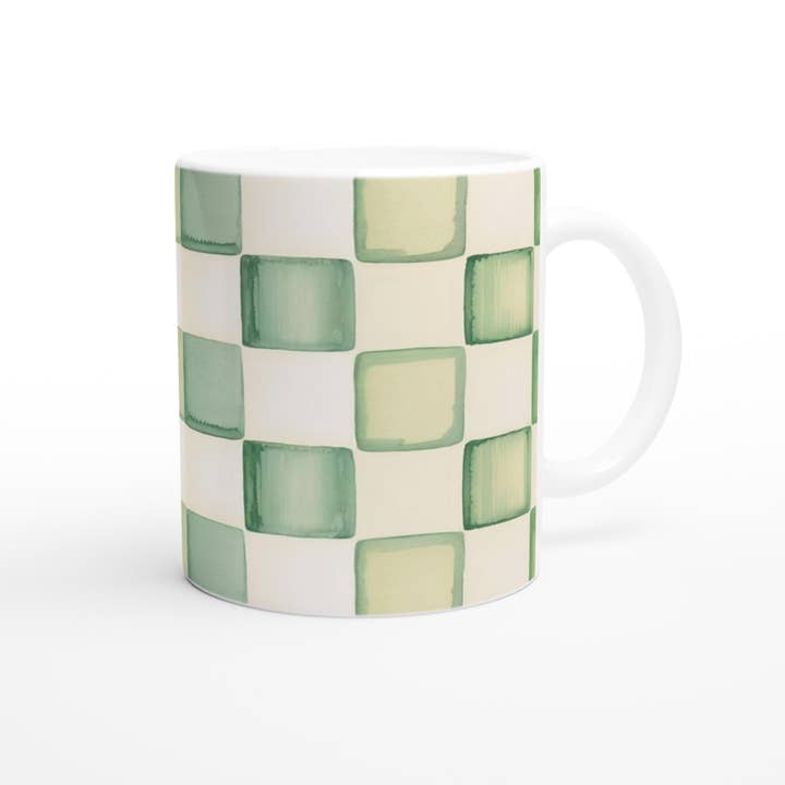 Landelijke Chique Groene Geruite Keramische Koffiekop voor wholesale door Aminelle & Willow