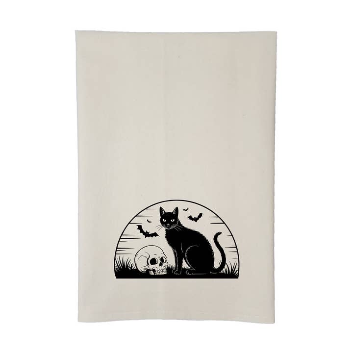 Halloween tea towel, black cat flour sack towel, cotton for wholesale by Sycamore Creek Makers
