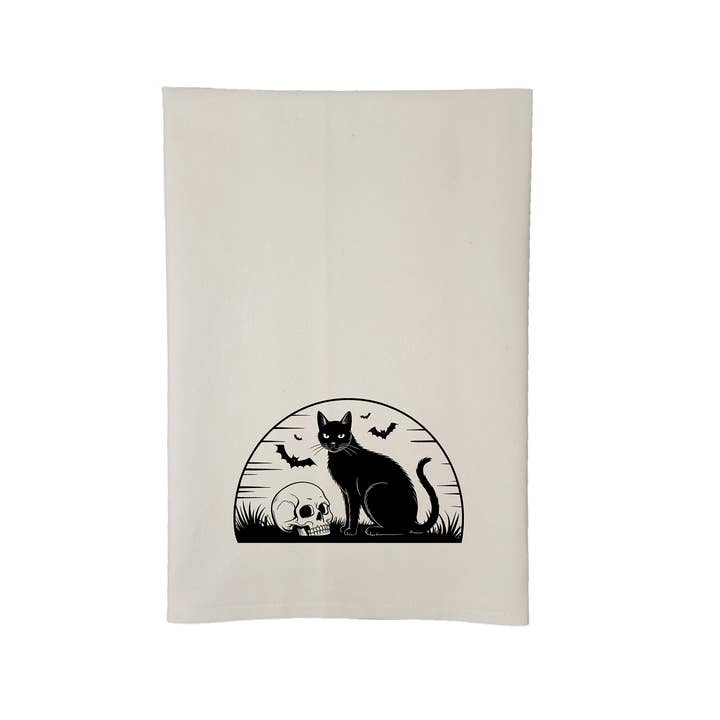 Halloween tea towel, black cat flour sack towel, cotton for wholesale by Sycamore Creek Makers