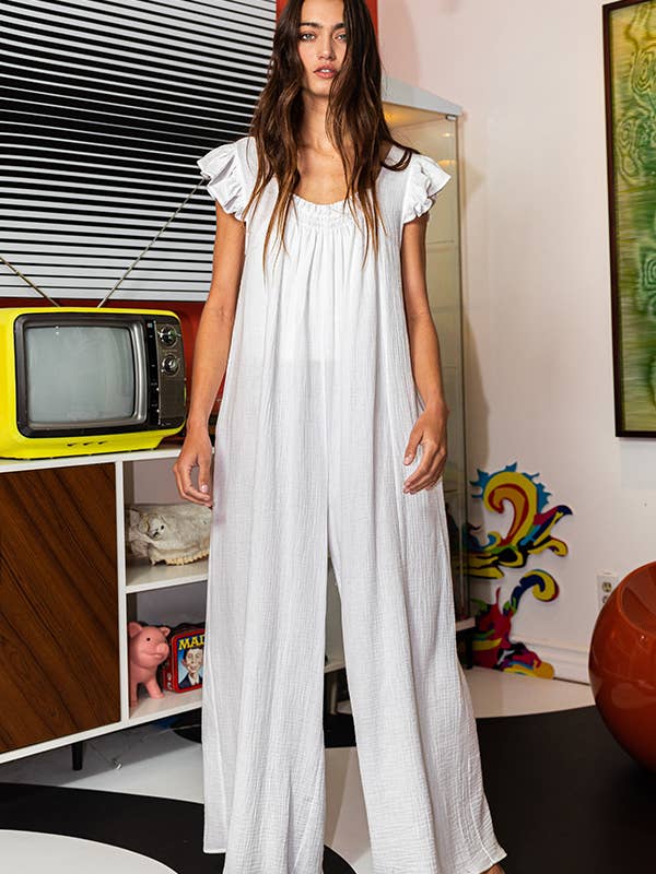BUCKETLIST - Wholesale Jumpsuit - Women's - R5281 Ruffled Sleeve Wide Leg Solid Gauze Jumpsuit