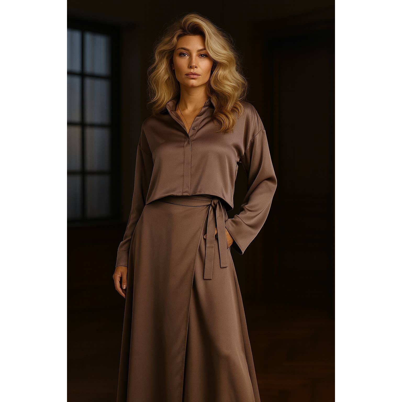 MALVE BRAUN CROP-TOP AUS SATIN MIT WICKELROCK für den Großhandel auf Faire1