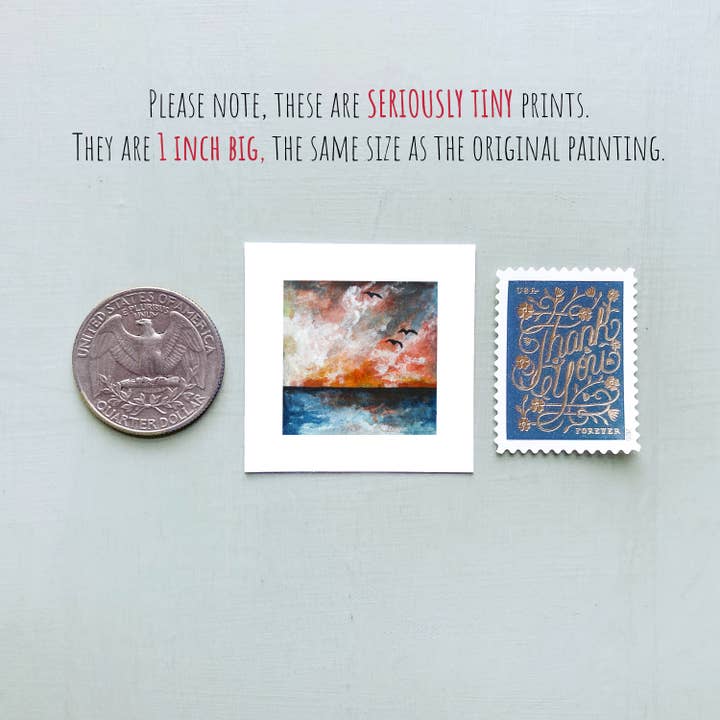 Mick's Art Goods - Wholesale Art Print - Mini 1" Ocean Sunset Sea Birds Tiny Watercolor Landscape