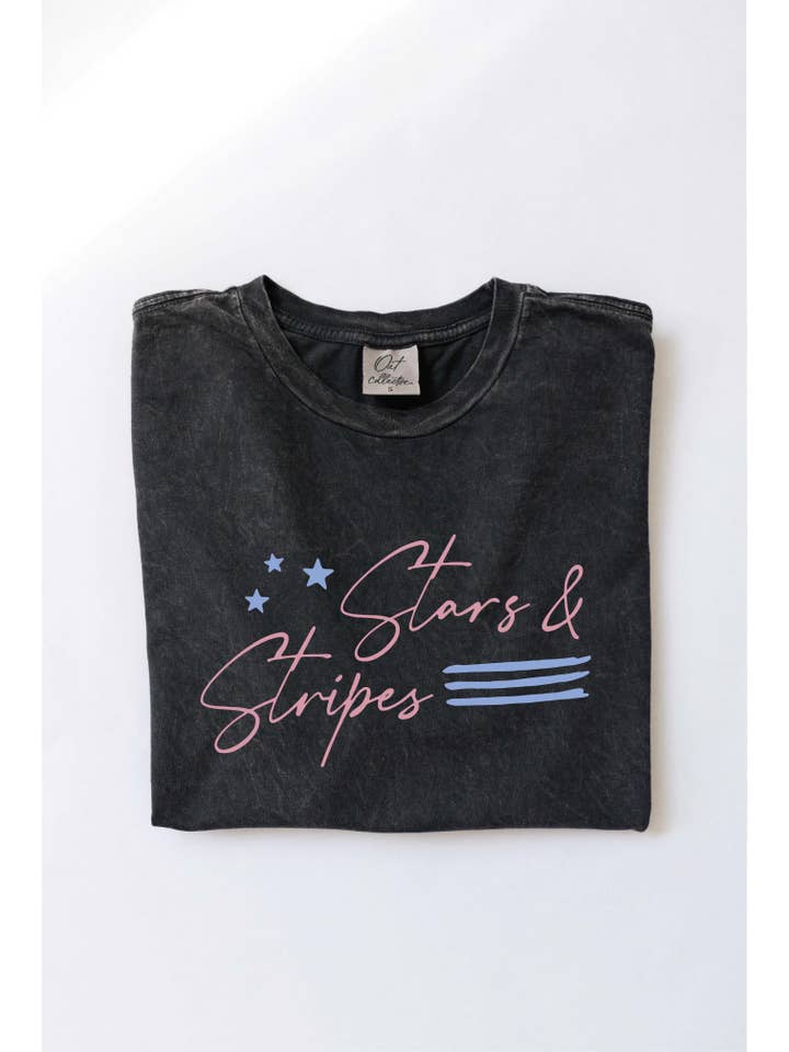 OAT COLLECTIVE - Wholesale Screen Printed T-Shirt - Women's - STARS AND STRIPES Mineral Washed Graphic Top