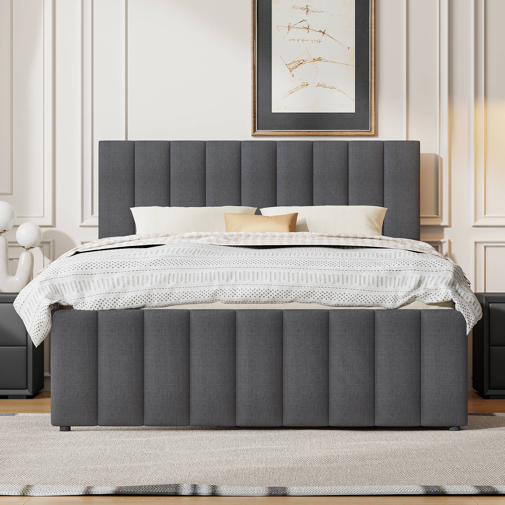 Gray Upholstered Platform Bed with Trundle & 3 Drawers, Linen for wholesale on Faire1