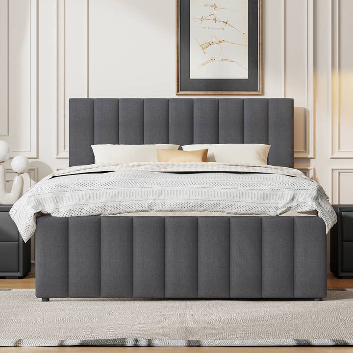 Gray Upholstered Platform Bed with Trundle & 3 Drawers, Linen for wholesale on Faire1