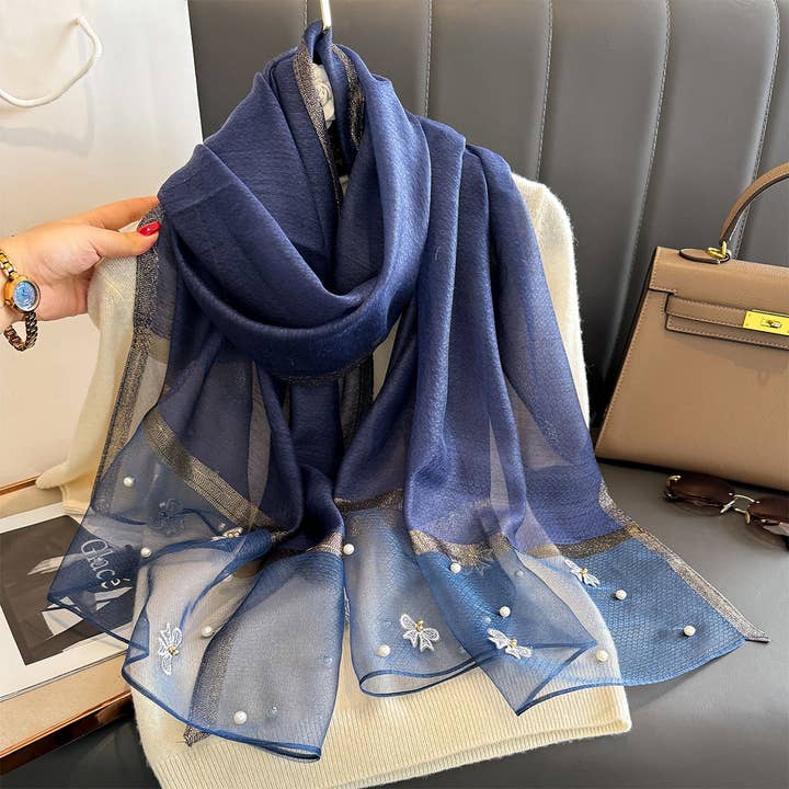 PEACH ACCESSORIES - Wholesale Scarf - Women's - Silk Scarf with Embroidered Bows & Pearls SK26