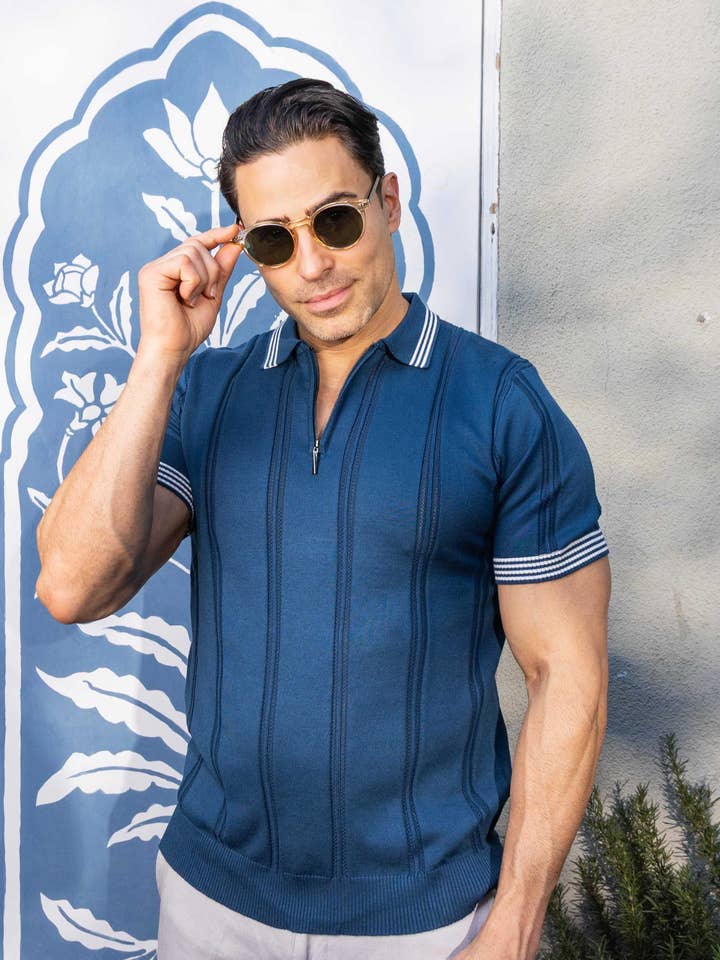 Men's Stylish Premium Knit Textured Polo Shirt with Stripe Accents NEW for wholesale by MOJITO COLLECTION