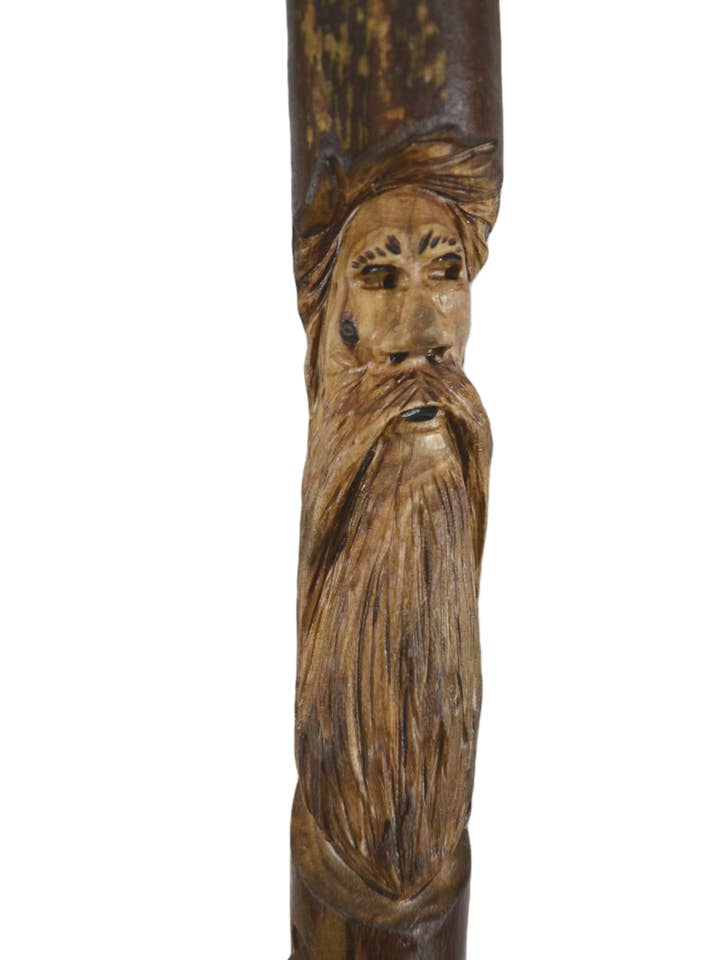 Dark Wood Walking Stick with Face Carving, Hand Carved Mount for wholesale by Creation Carvings LLC