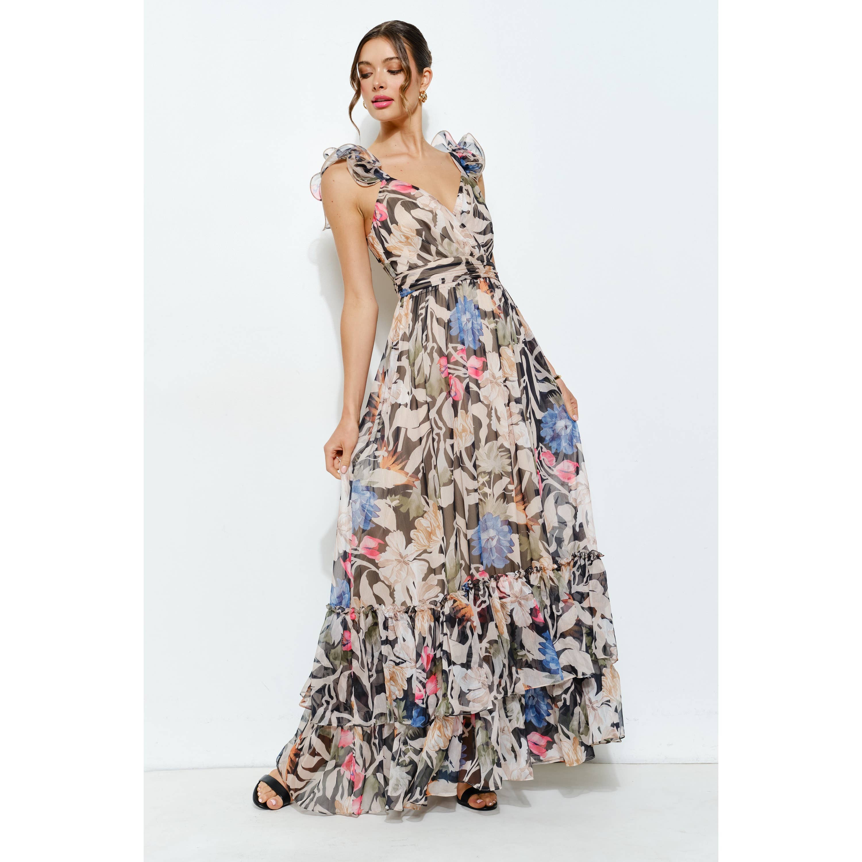 INA - Vendita all'ingrosso Vestito - Donna - Abito lungo a balze in chiffon floreale con spalle arricciate12