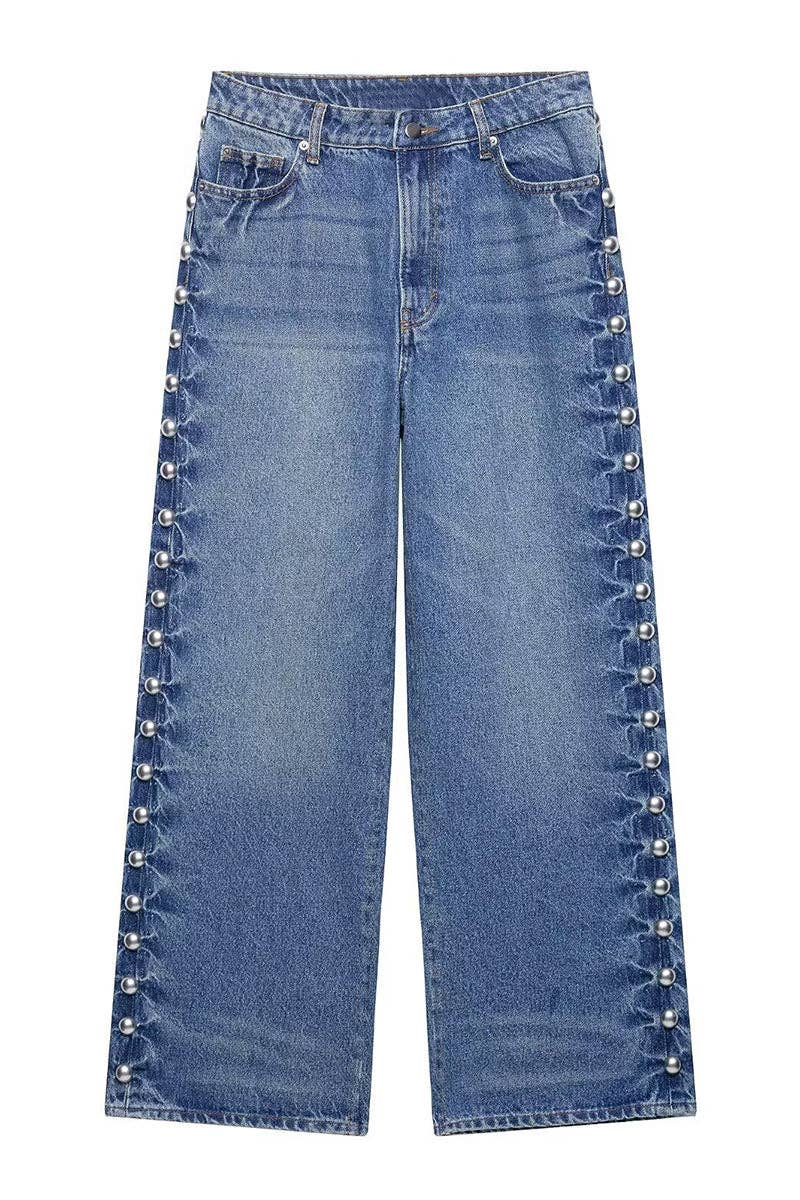 BLÅ Perlebesatte jeans med lige ben for engroshandel på Faire2