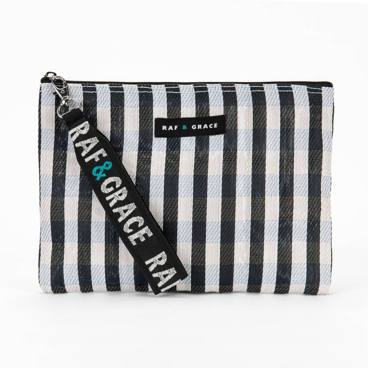 Black/White Striped Recycled Plastic Small Zip Pouch for wholesale by Raf & Grace