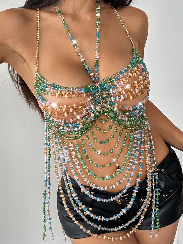 GREEN CWTHT00027_PINK BEADED HALTER LAYERED CROP TOP for wholesale on Faire3