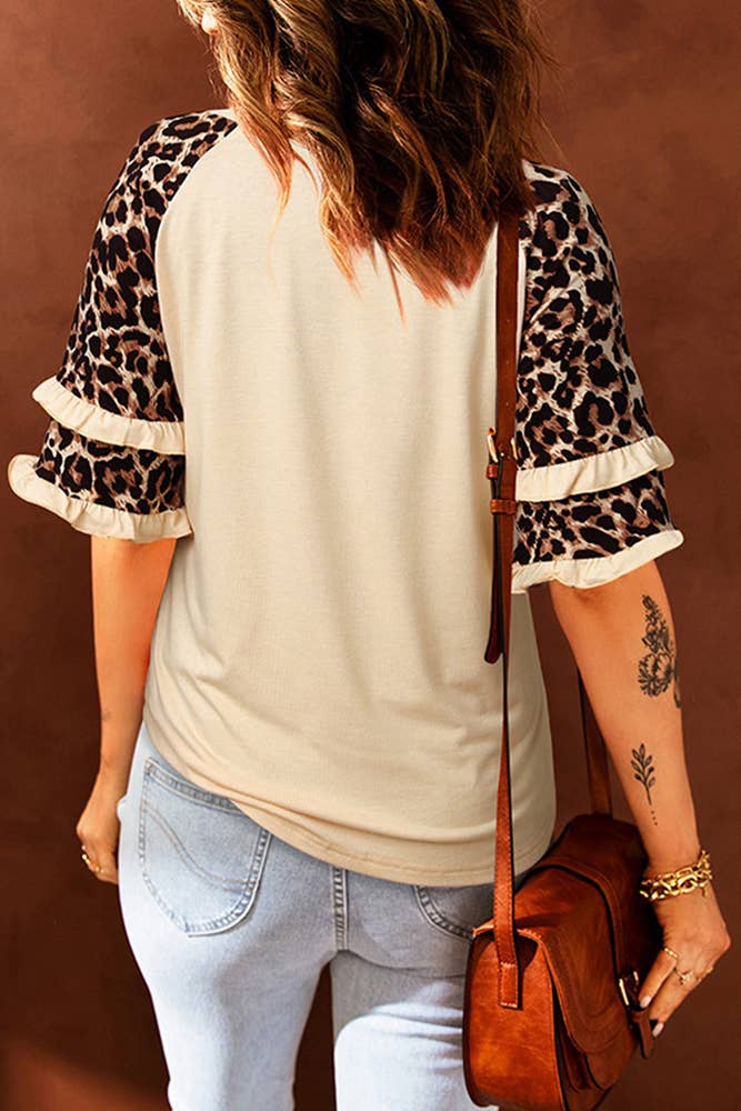 UNISHE - Wholesale Tunic - Women's - Leopard Print Half Sleeve Crew Neck Top KXOM99824