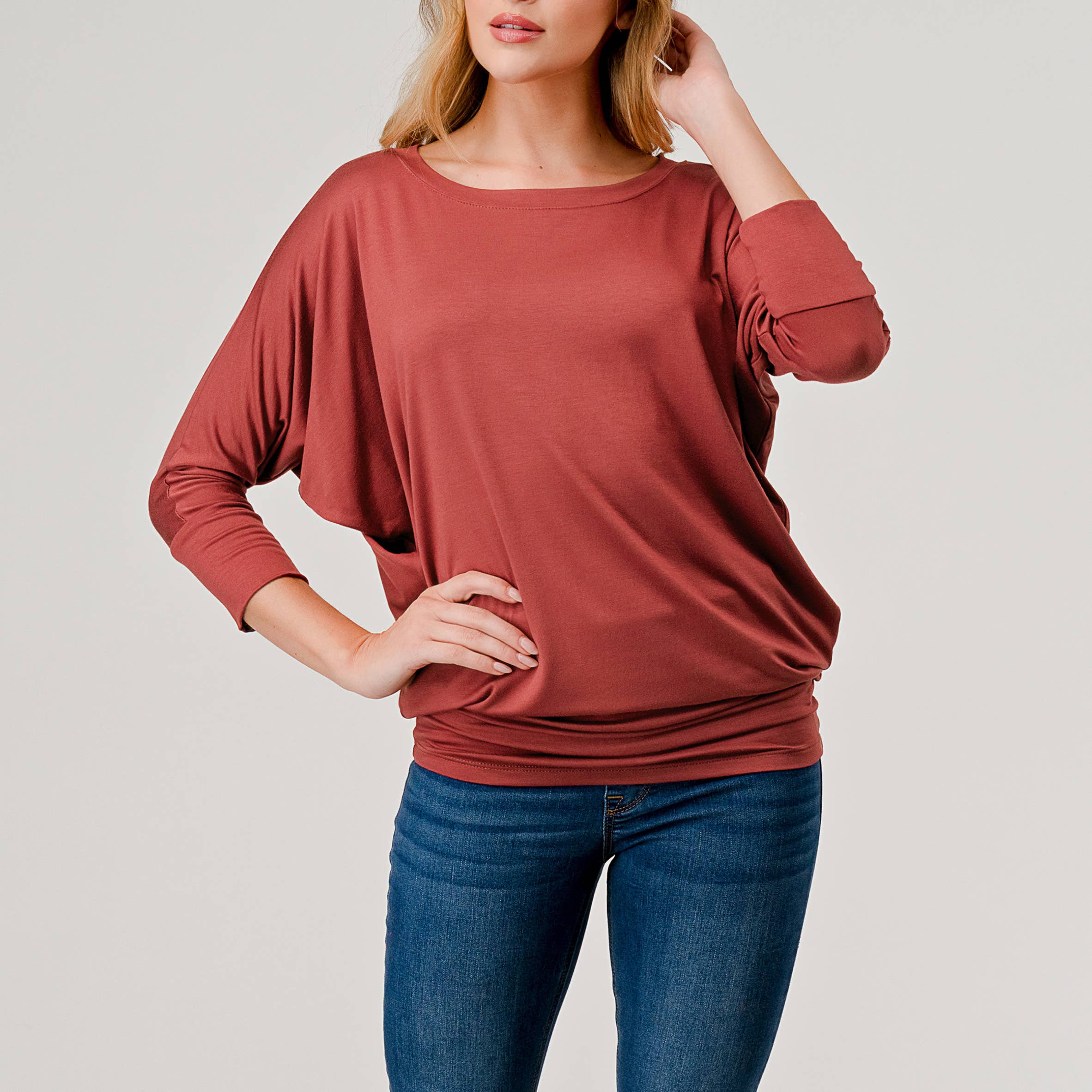 Heimious - Wholesale Knit Top - Women's - 3/4 Dolman Sleeve Round neck Modal Jersey  Top, 25032