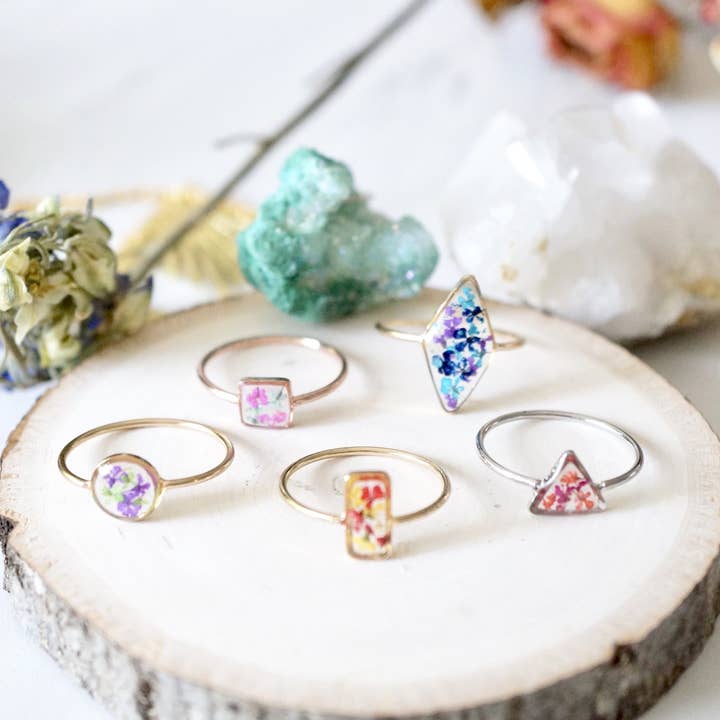 Ann + Joy - Wholesale Cocktail/Statement Ring - Real Pressed Flower and Resin Ring, Gold Moons in Blue and Teal8