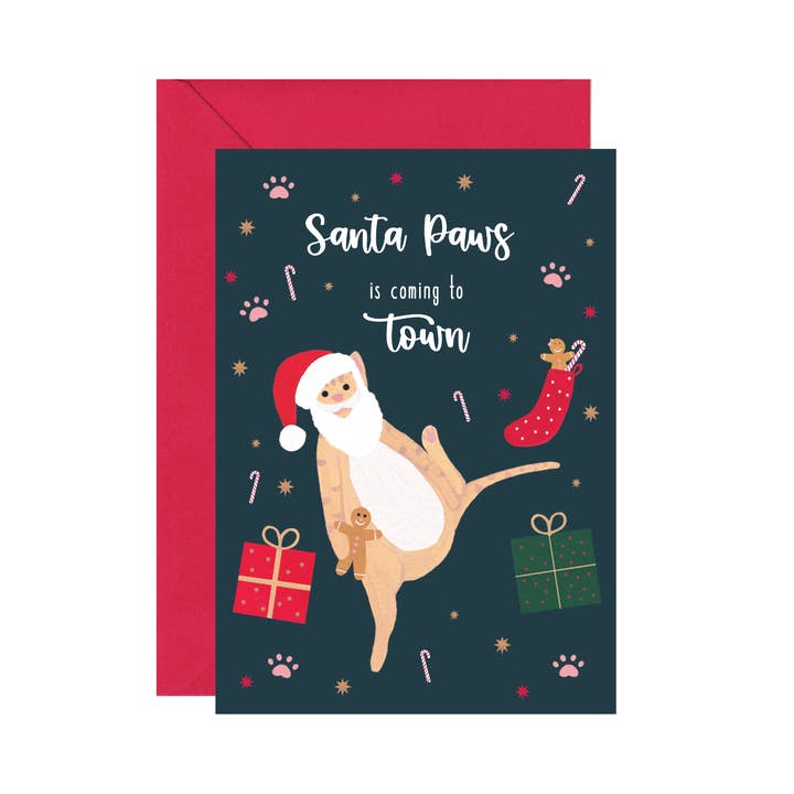 Tarjeta de Navidad para gatos de Santa Paws, Tarjeta de Navidad para gatos para venta al por mayor de Charlotte Farr Illustrations