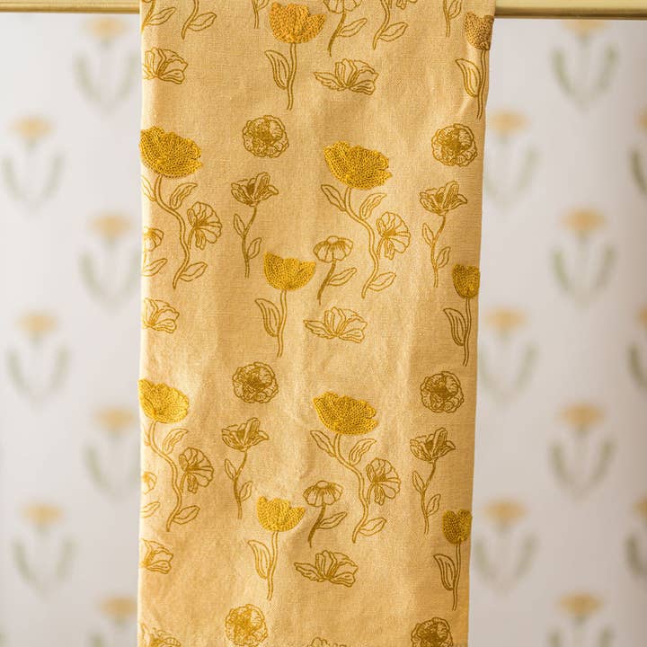 Yellow Poppy Embroidered Tea Towel for wholesale by Galley and Fen