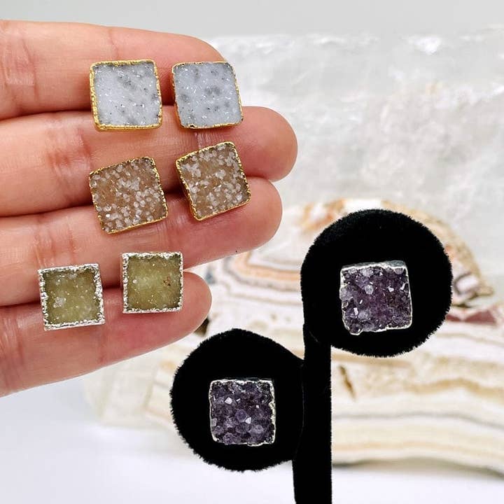 Crystal Druzy Square Stud Earrings with Electroplated Edges for wholesale by Rock Paradise