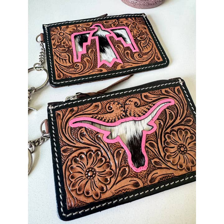 Boho Ranch Shop - Wholesale Wallet - Women's - Tooled Leather Keychain Wallet Thunderbird Longhorn Bow Hat