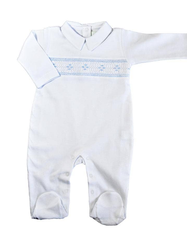 White Hand Smocked Baby Boy Pima Cotton Footie for wholesale by Baby Threads