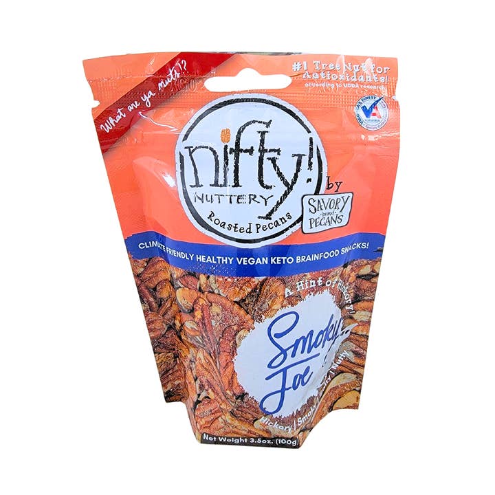 Smoky Joe Roasted Pecans for wholesale by Nifty! Nuttery by Savory Pecans