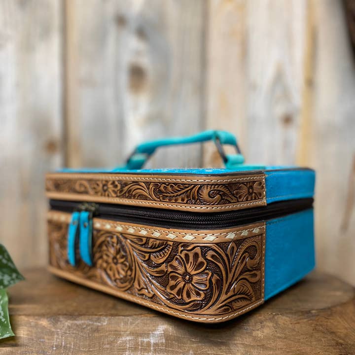 Western Linens - Wholesale Jewelry Box/Organizer - Turquoise BootStitch Suede Leather & Tooled Jewelry Box