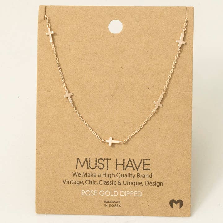Fame Accessories - Wholesale Pendant/Charm Necklace - Gold Dipped Dainty Cross Station Necklace