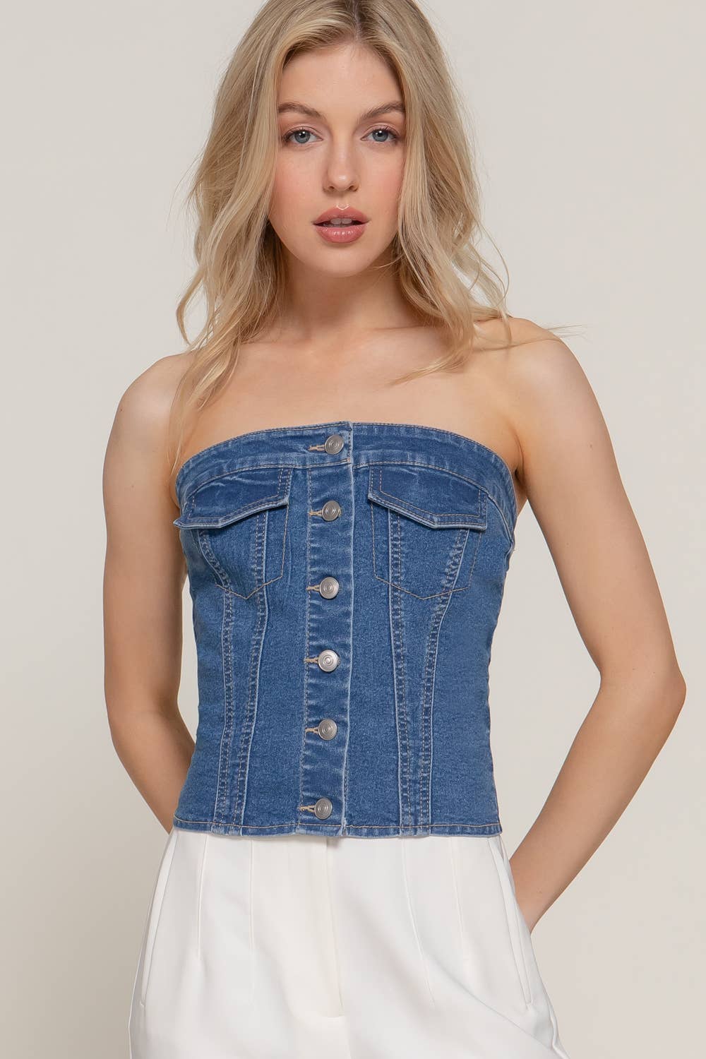 Button Down Placket Stretch Denim Tube Top for wholesale on Faire1
