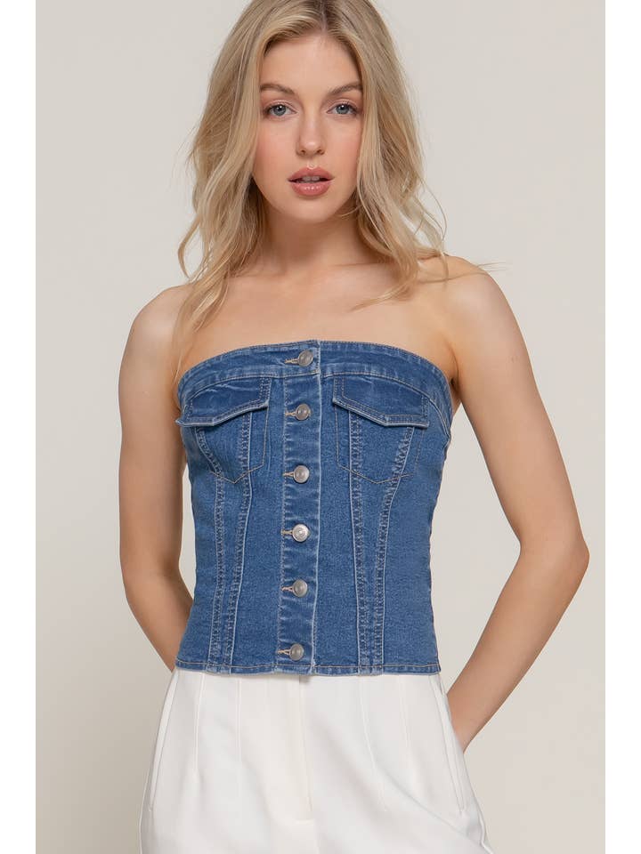 Bleu-moyen denim Haut tube en denim extensible à patte de boutonnage en vente sur Faire1