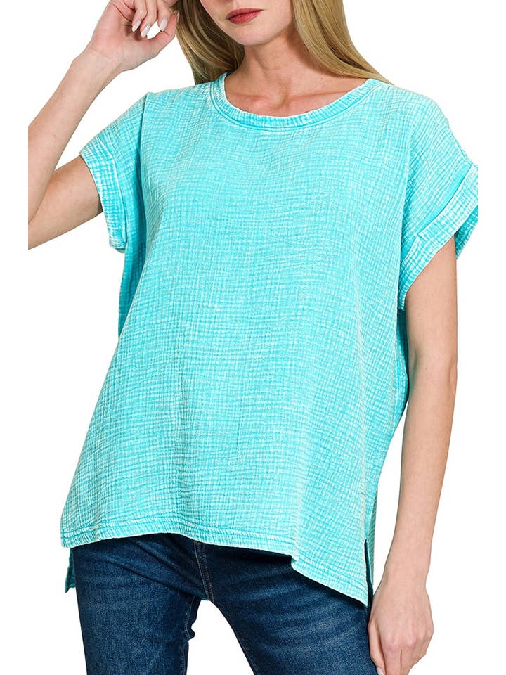 Vanilla Monkey - Wholesale Knit Top - Women's - Woven Double Gauze Acid Washed Short Sleeve Top
