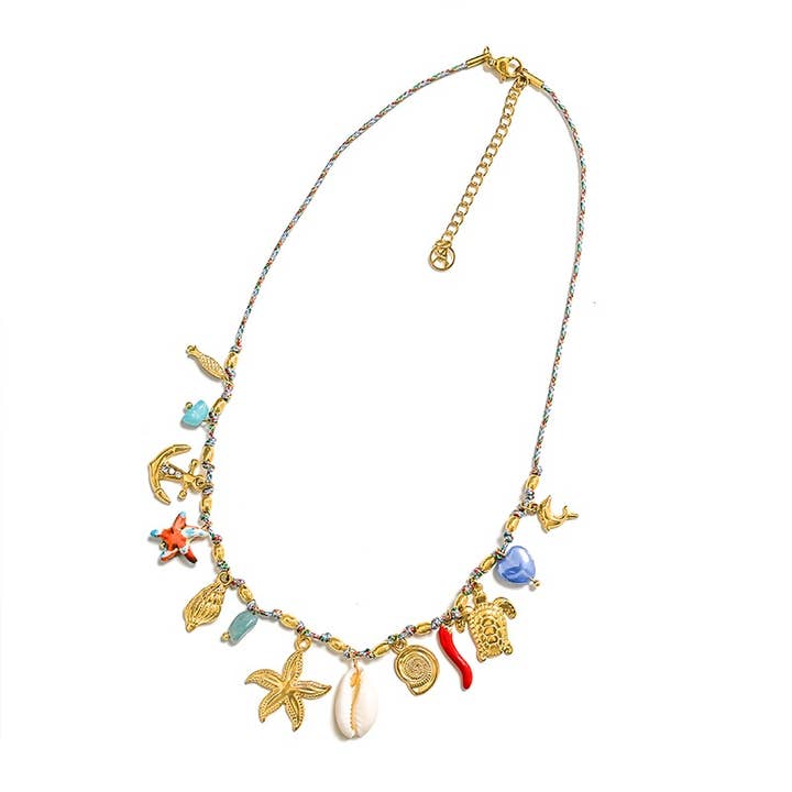 COLORED THREAD NECKLACE WITH MARINE CHARMS - YNK241504B4 for wholesale by AMORINO SRL