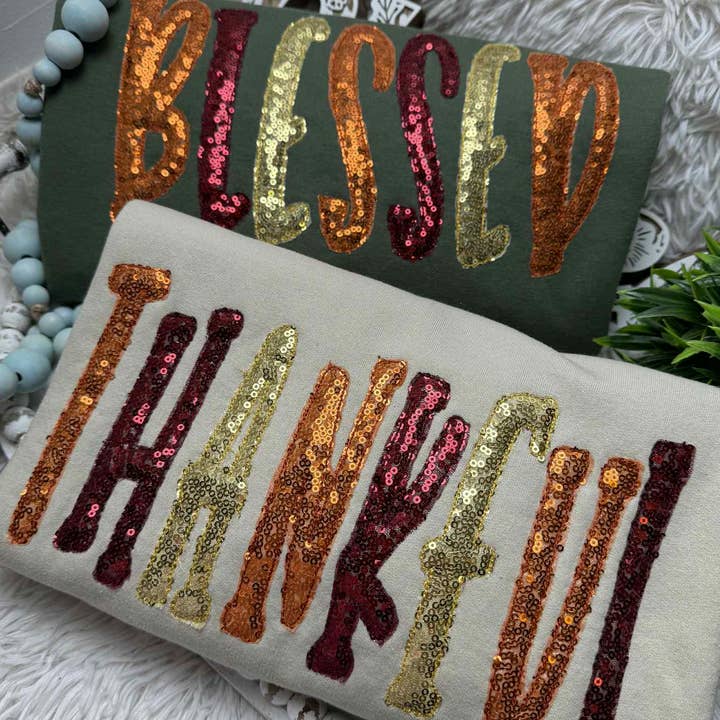 April's Sew Vinyl - Wholesale Sweatshirt - Women's - Thankful or Blessed Sequin Sweatshirt, Fall, Thanksgiving1