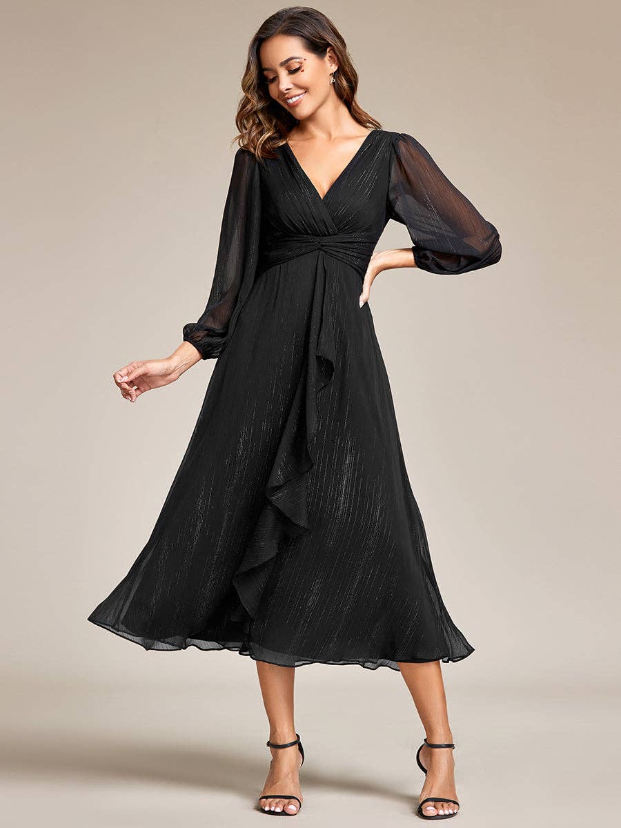 Ever-Pretty - Vente Robe de soirée – femme - Robe scintillante en mousseline pour invitée de mariage à manches longues0