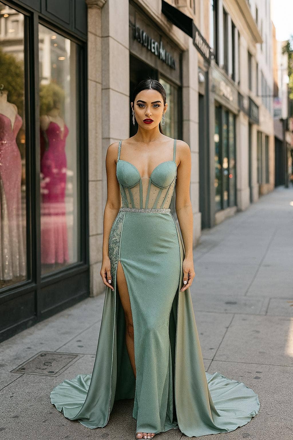 La Veneto - Wholesale Dress - Women's - Spaghetti Strap sweetheart neckline, sheer bodice, scattered15