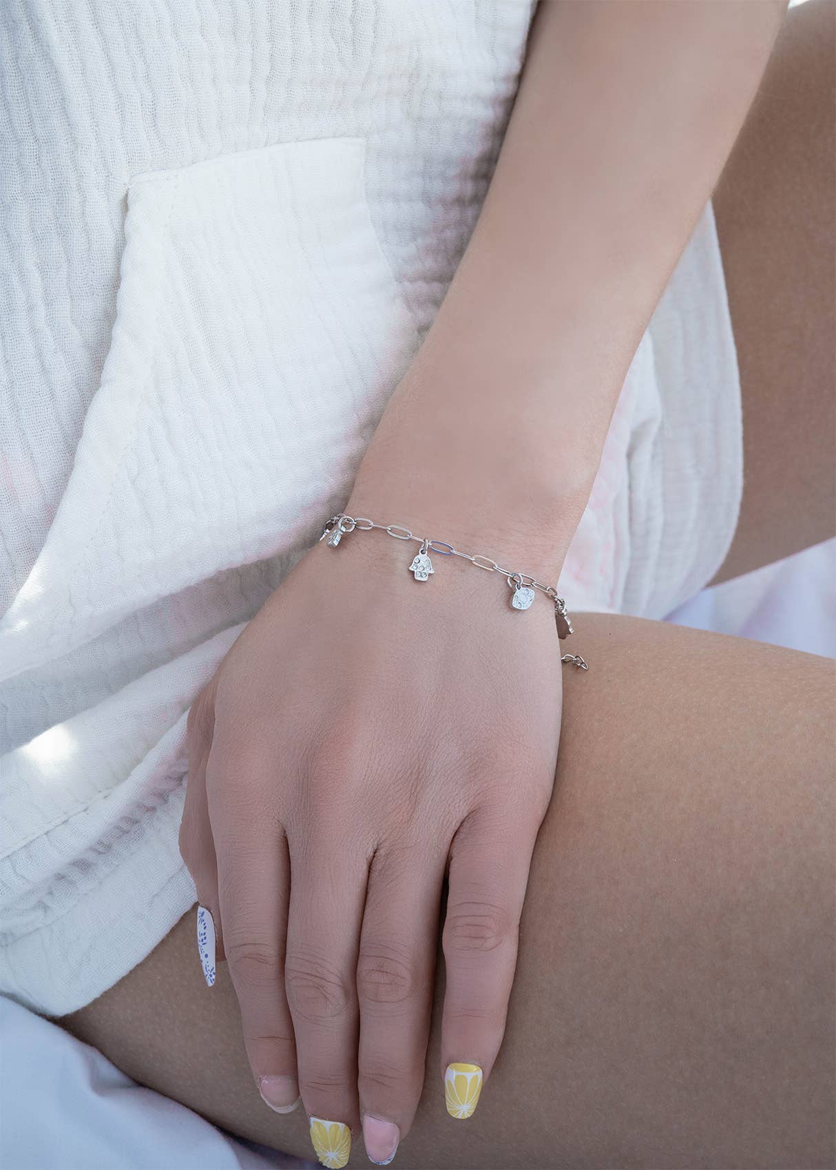 WJW - Wholesale Charm/Dangle Bracelet - 18K Gold PVD Hamsa & Evil Eye Paperclip Chain Charm Bracelet2