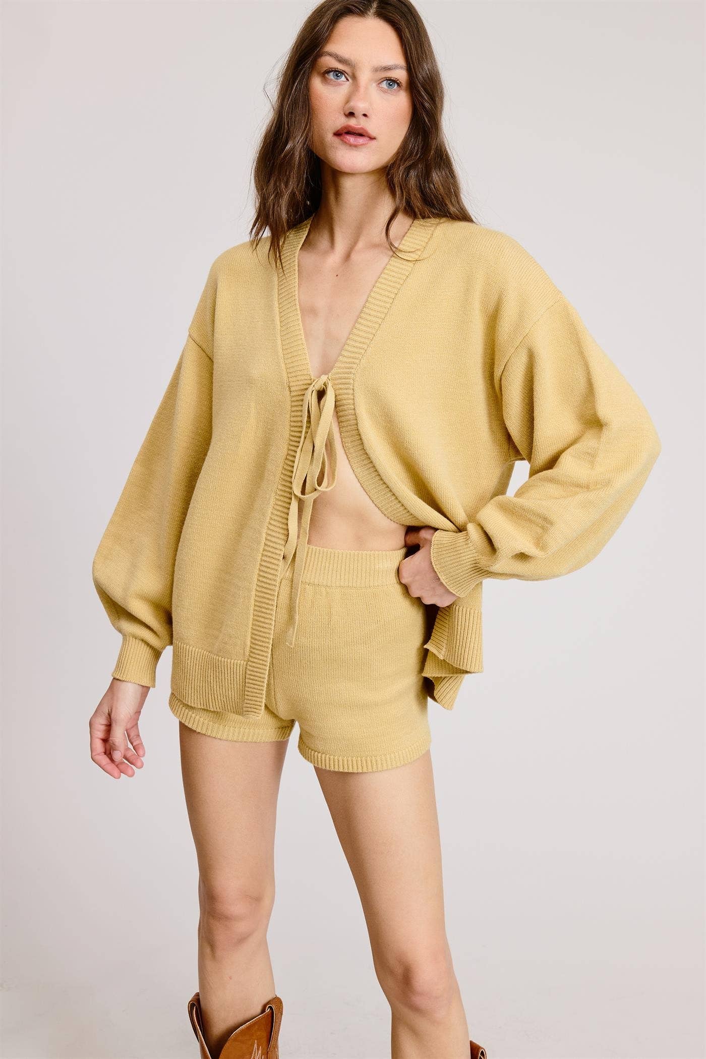 Mimosa - Wholesale Lounge Set - Women's - Self Tie Knit Cardigan and Shorts Lounge Set18