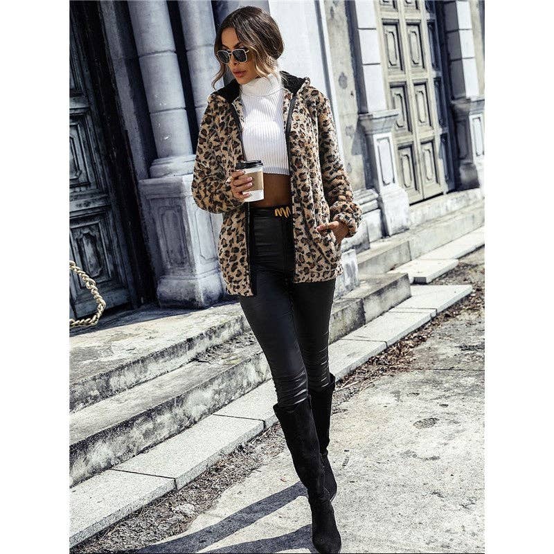 Long Sleeves Hooded Zipper Leopard Printed Outerwear for wholesale on Faire6