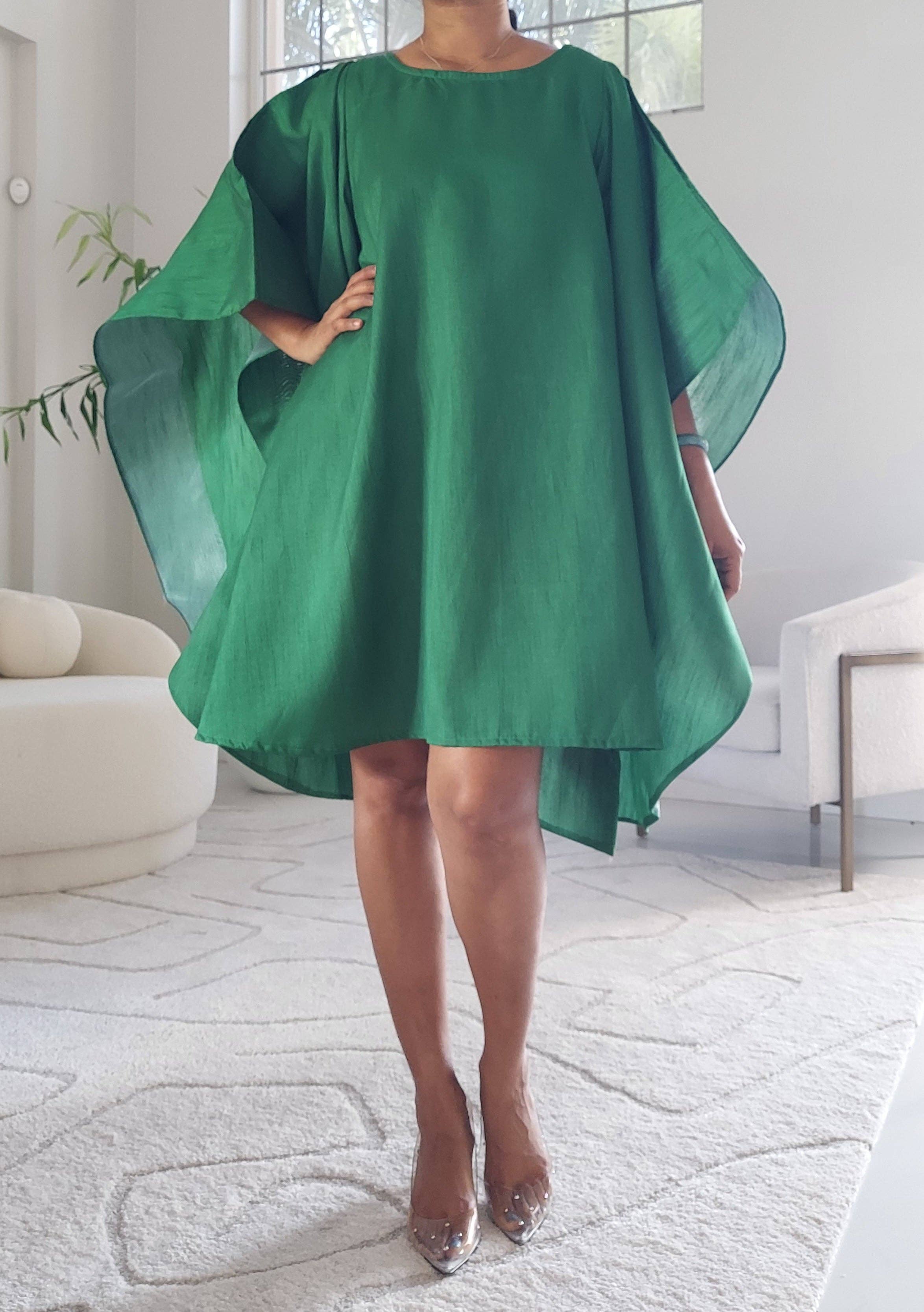 India Batik - Wholesale Dress - Women's - Faux Silk Wing Dress/Poncho Dress/ Wing Sleeves-Green1