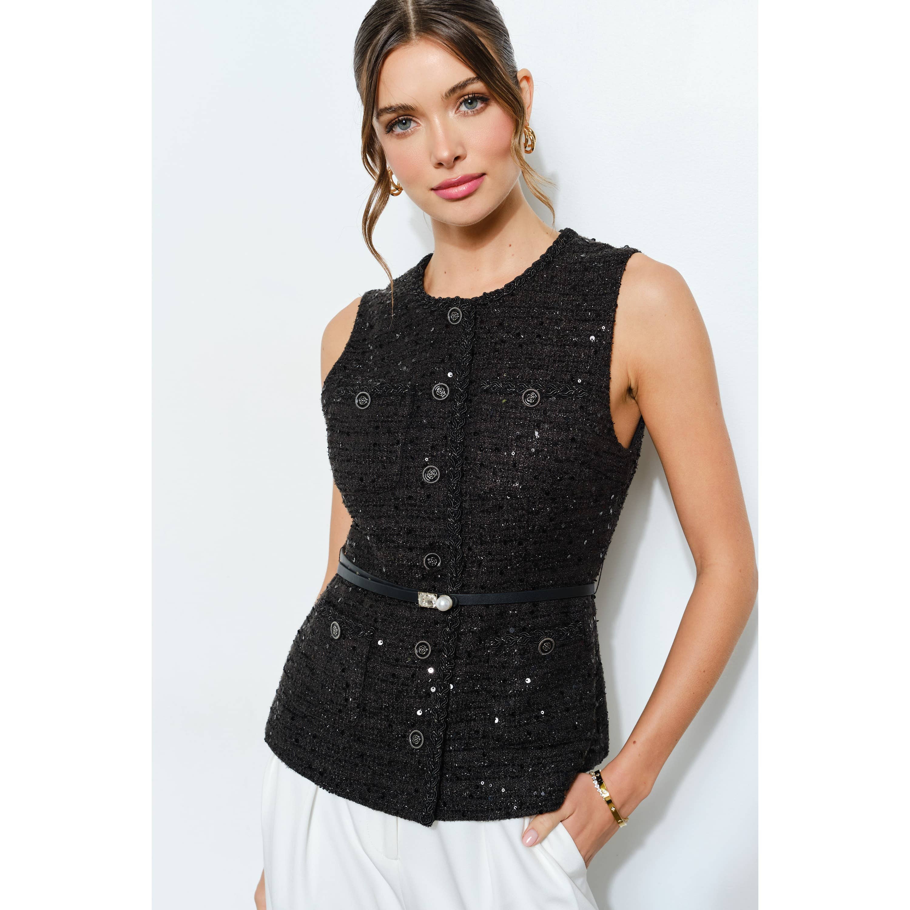 INA - Vente Veste – femme - Haut sans manches en tweed à sequins ceinturé8