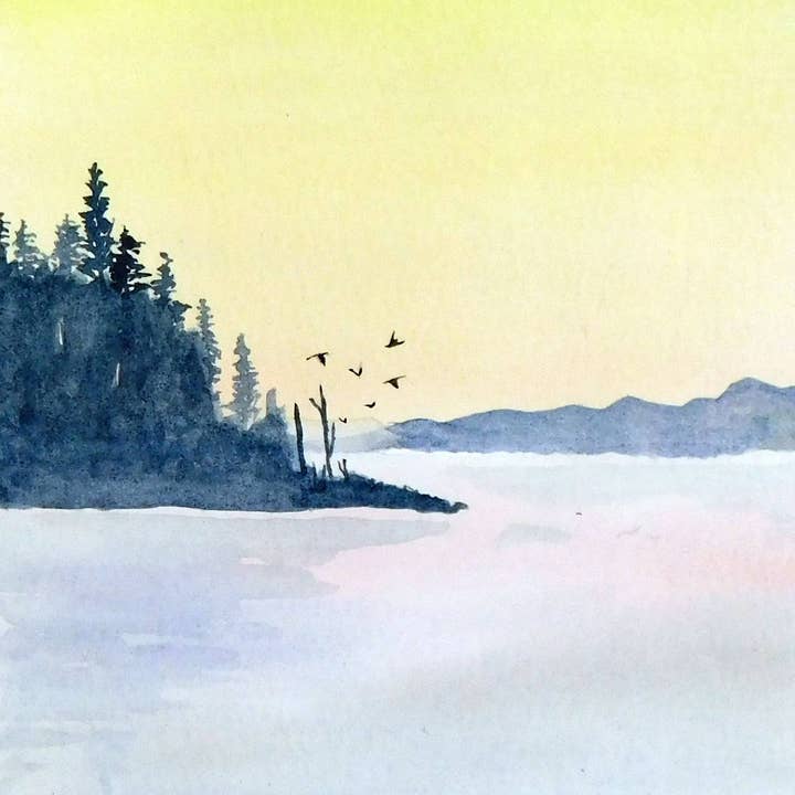 Yellow Dawn Over the Lake Sunrise Watercolor Art Print for wholesale by SanBCreative