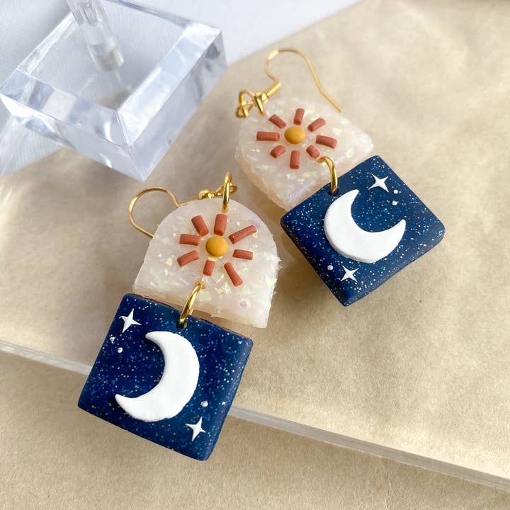 Sun and Moon Dangles / Clay Nature Boho Earrings for wholesale by Peripheral US
