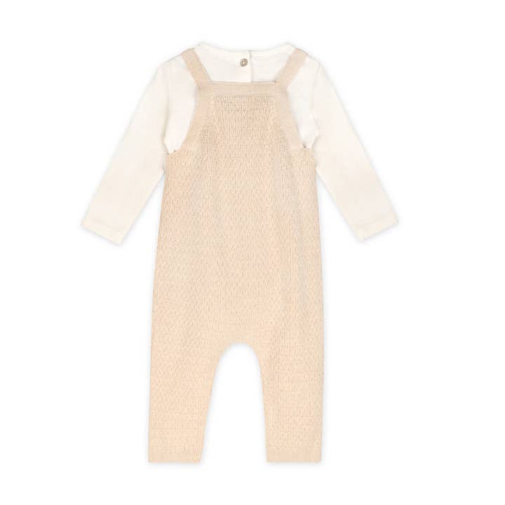 Oatmeal Heather Dino Embroidered Baby Knit Overall Set (Organic) for wholesale on Faire5