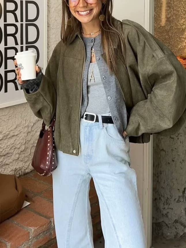 alberalkirk - Wholesale Bomber Jacket - Women's - Suede Touch Bomber Jacket Notch Collar N5Z2421