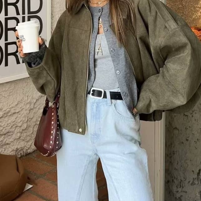 alberalkirk - Wholesale Bomber Jacket - Women's - Suede Touch Bomber Jacket Notch Collar N5Z2421