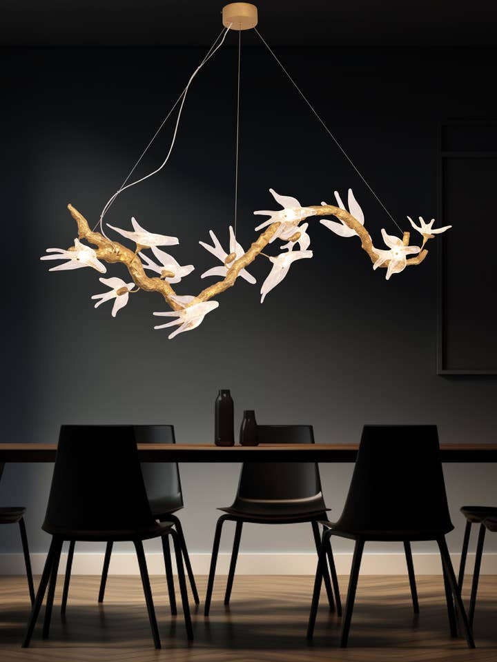 Lampadario in vetro trasparente con rondini in ottone peruviano 150 cm per la vendita all'ingrosso da parte di HEKA LIGHTING & TRADING LTD