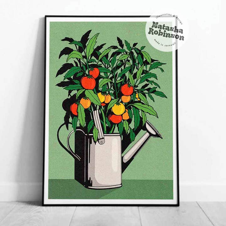 Natasha Robinson - Wholesale Art Print - Tomato Plant and Watering Can Illustration Art Print in A4