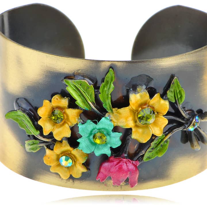 Antique Bronze Enamel Yellow Flower Open Cuff Bangle for wholesale by AK Brand