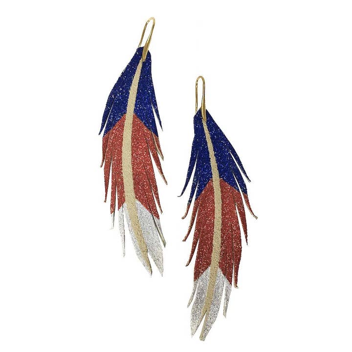 The Supply Society - Wholesale Dangle Earrings - Red White and Blue Short Feather Leather Earring - Chevron