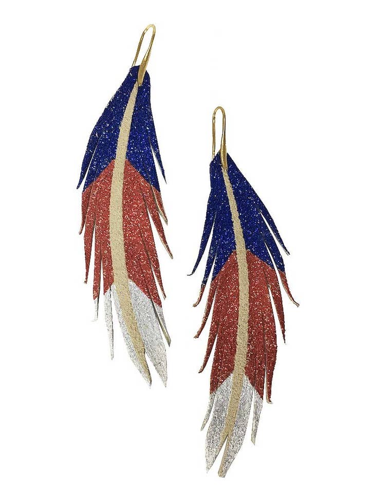 Red White and Blue Short Feather Leather Earring - Chevron for wholesale by The Supply Society